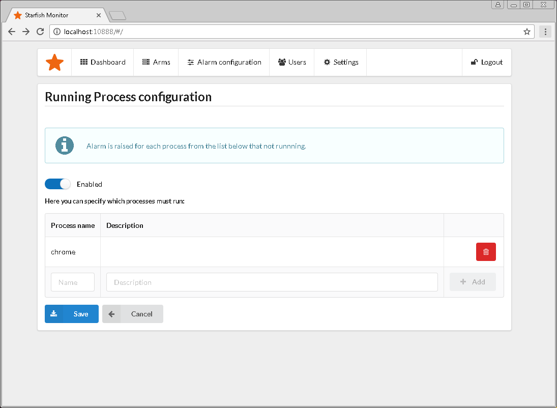 Running Process alert configuration screen