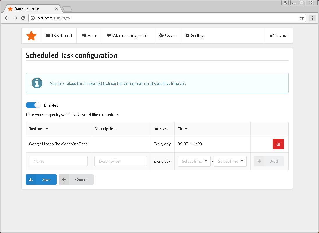 Scheduled Task alert configuration screen